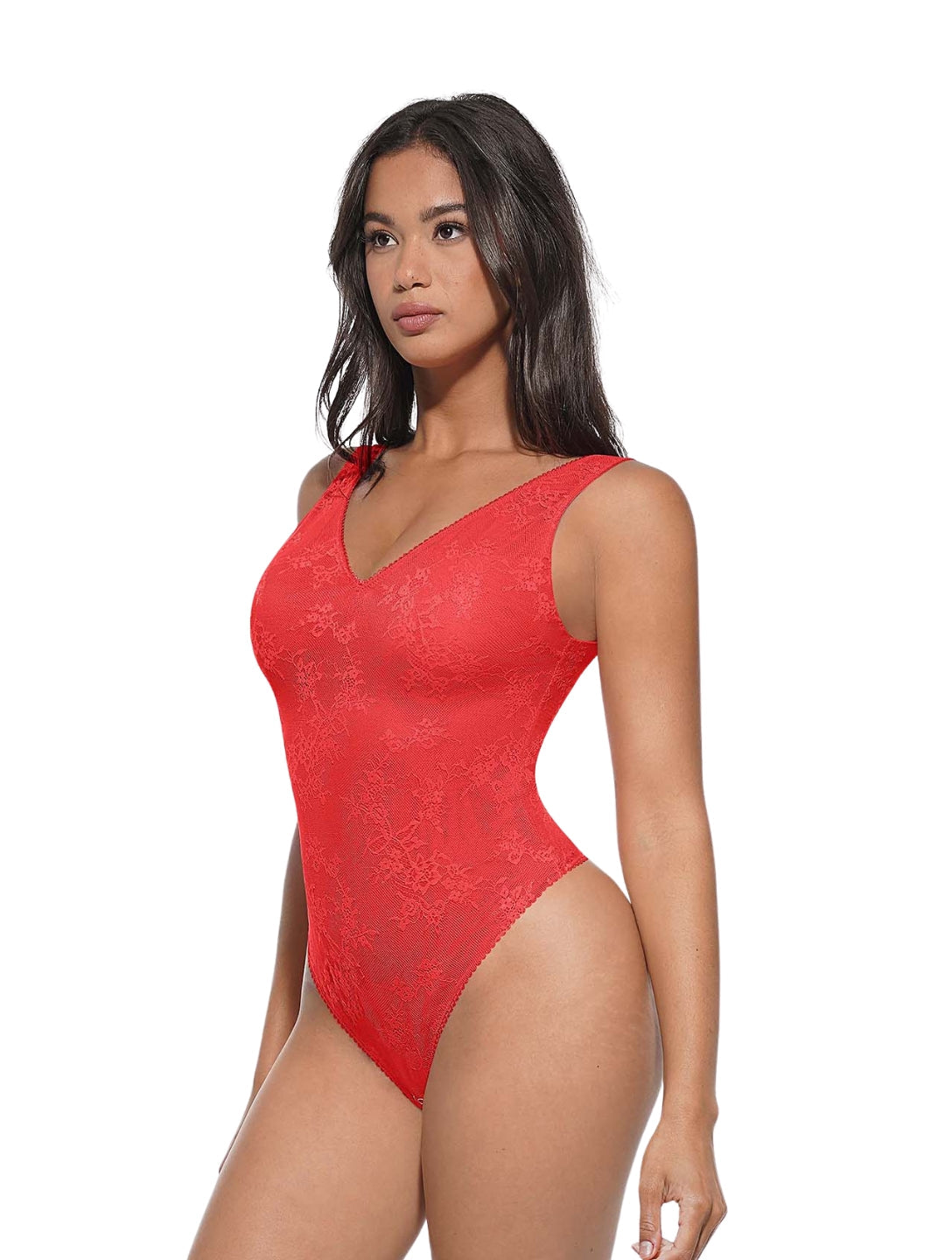 V-Neck Laced Thong Bodysuit