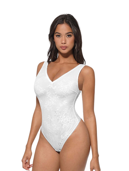 V-Neck Laced Thong Bodysuit