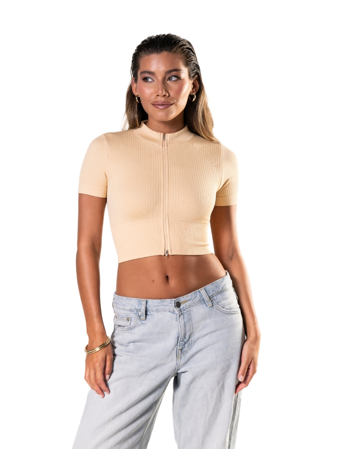 Seamless Ribbed Zip-Front Short Sleeve Crop Top