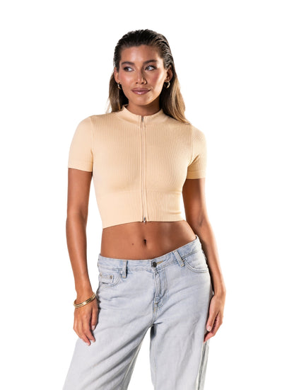 Seamless Ribbed Zip-Front Short Sleeve Crop Top