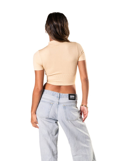 Seamless Ribbed Zip-Front Short Sleeve Crop Top