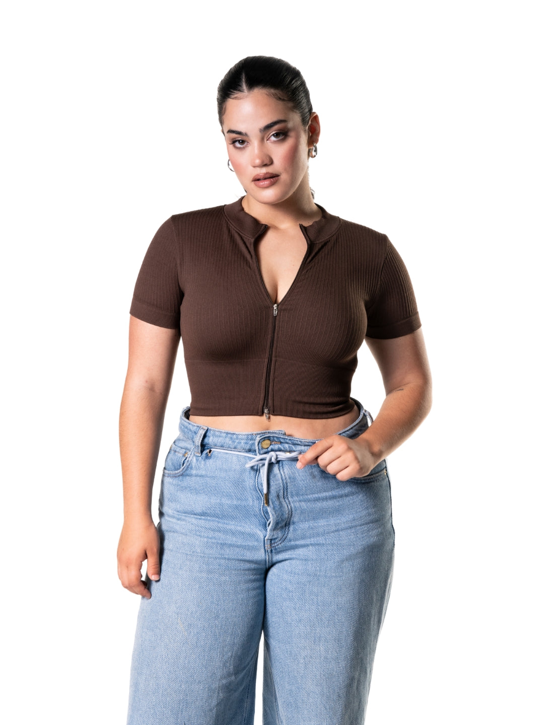Seamless Ribbed Zip-Front Short Sleeve Crop Top