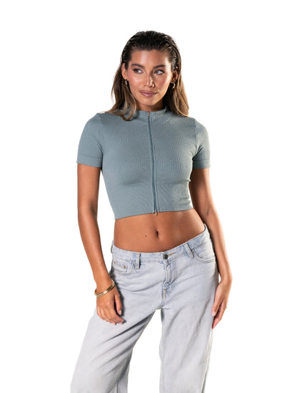Seamless Ribbed Zip-Front Short Sleeve Crop Top