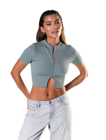 Seamless Ribbed Zip-Front Short Sleeve Crop Top